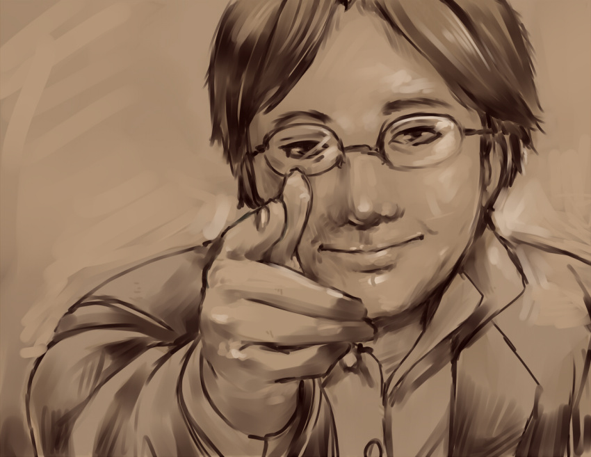 1boy, drawfag, finger_gun, glasses, greyscale, iwata_satoru, monochrome, nintendo