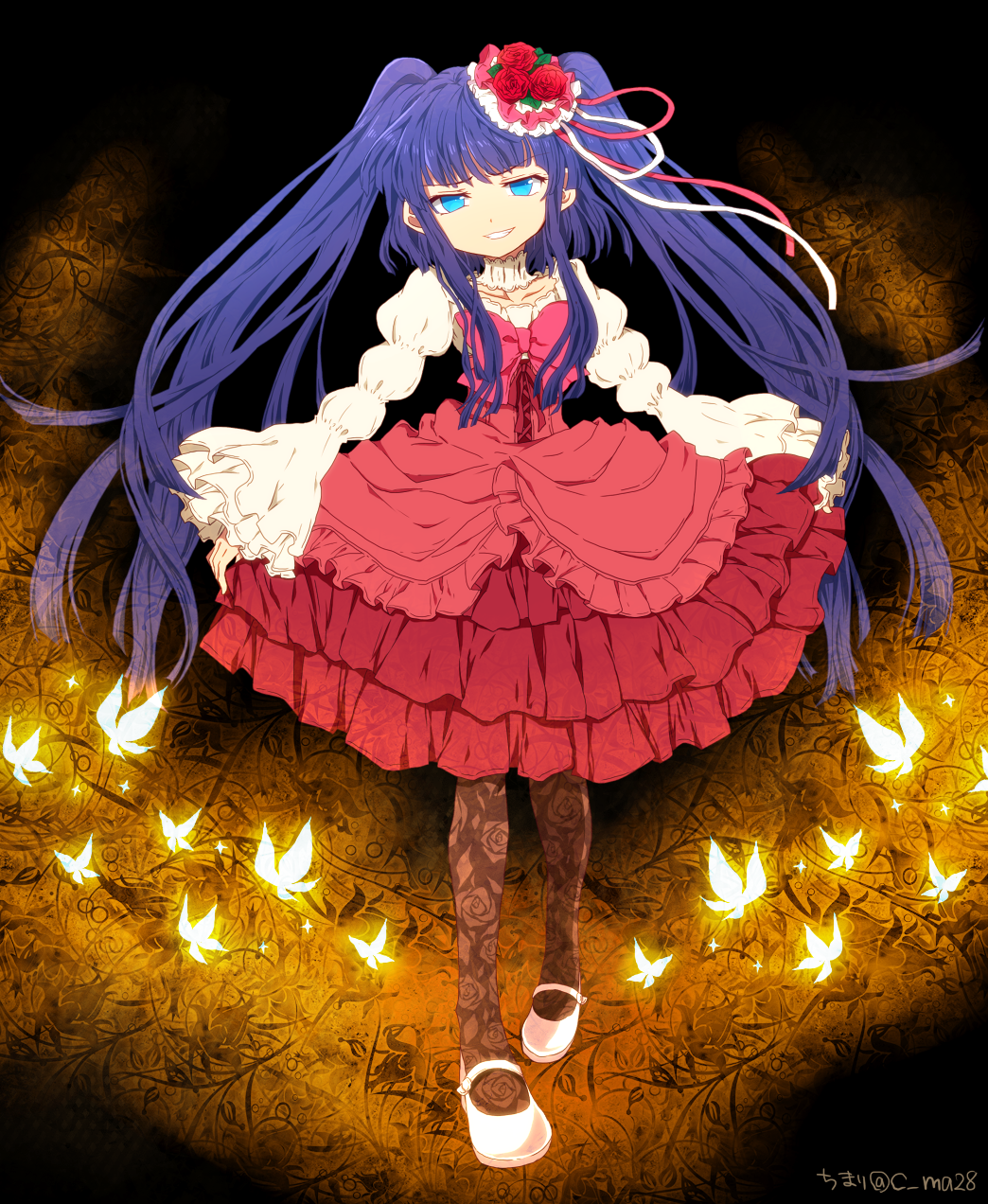 1girl, blue_eyes, blue_hair, bow, butterfly, choker, dress, floral_print