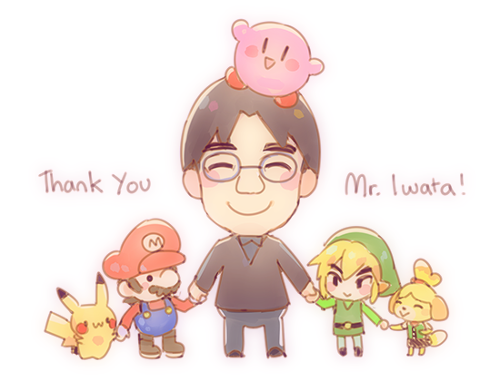 1girl, 3boys, :>, :3, animal_crossing, blonde_hair, blush, chibi, commentary, facial_hair, glasses, gloves, hat, holding_hands, isabelle_(animal_crossing), iwata_satoru, kirby, kirby_(series), link, looking_at_viewer, mario, multiple_boys, mustache, namie-kun, nintendo, overalls, pikachu, pointy_ears, pokemon, pokemon_(creature), pokemon_(game), simple_background, sketch, smile, super_mario_bros., the_legend_of_zelda, white_background