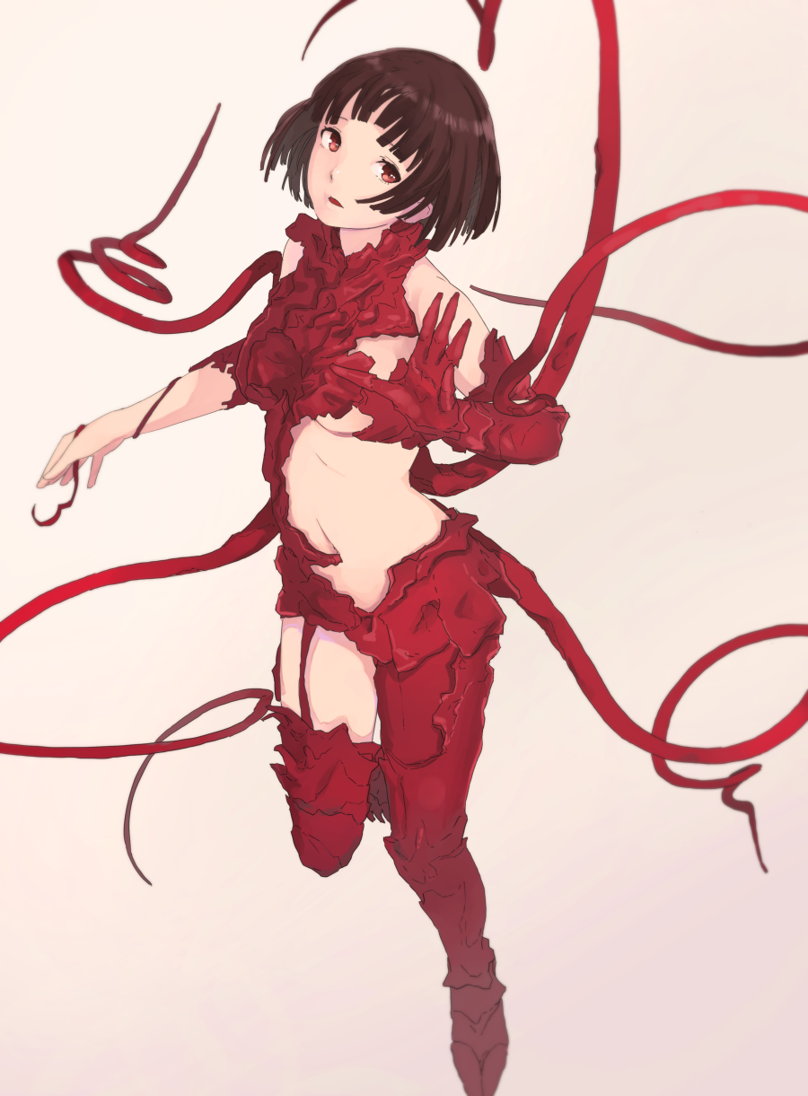 1girl, brown_hair, full_body, gauna, gauna_491, highres, looking_at_viewer, monster_girl, placenta_(sidonia_no_kishi), red_eyes, short_hair, sidonia_no_kishi, solo, tentacles, youmak