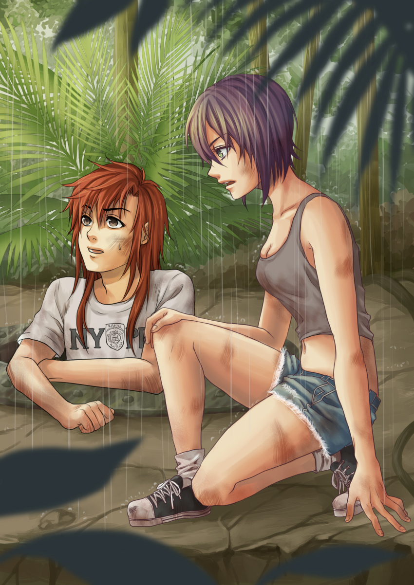 absurdres, blurry, breasts, brown_eyes, cleavage, crop_top, denim, denim_shorts