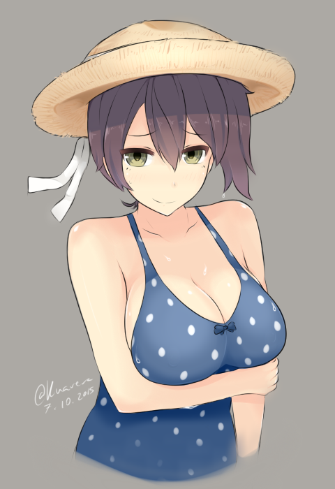 1girl, breasts, cleavage, commentary_request, hat, kaga_(kantai_collection), kantai_collection, kuavera
