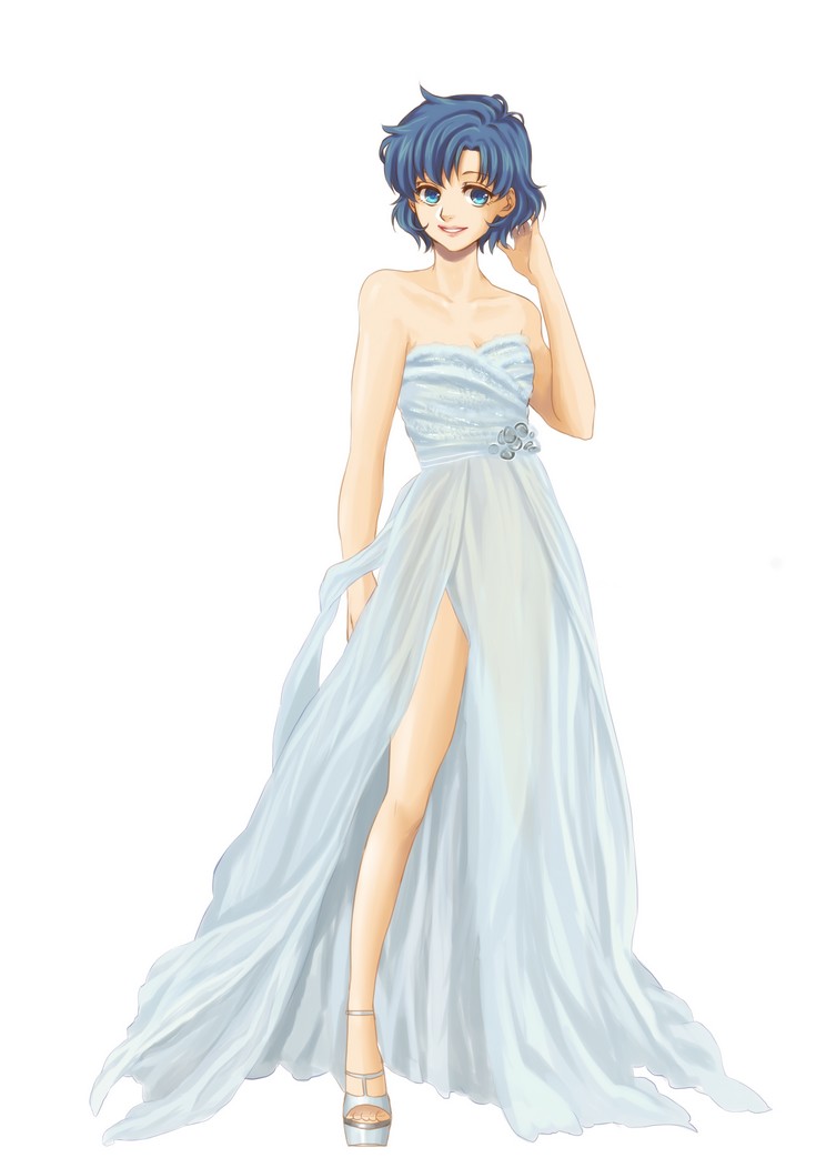 1girl, bishoujo_senshi_sailor_moon, blue_dress, blue_eyes, blue_hair, breasts, cleavage, dress, high_heels, kai-yan, mizuno_ami, short_hair, solo, strapless_dress