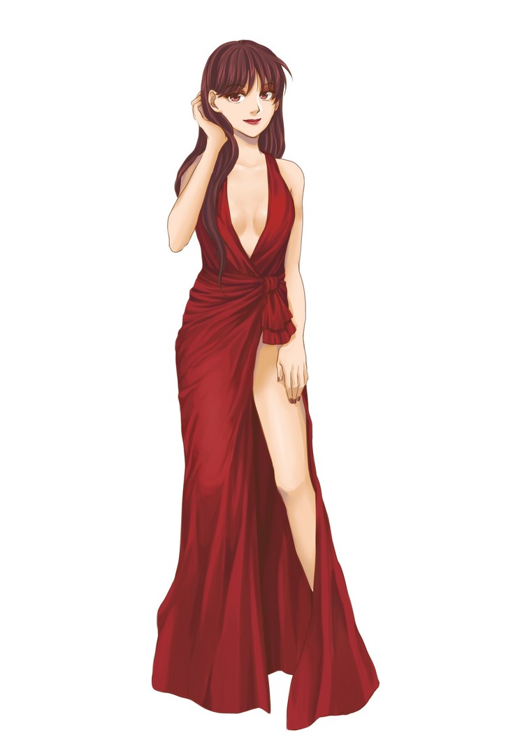 1girl, bishoujo_senshi_sailor_moon, breasts, brown_hair, cleavage, dress, hand_in_hair, hino_rei