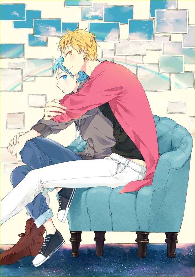 2boys, bent_knees, blonde, blue_hair, duo, hug, hugged_from_behind, itonoko, kise_ryouta, kuroko_no_basket, kuroko_tetsuya, looking_to_side, male, multiple_boys, rainbow, short_hair, side_view, sitting, yaoi