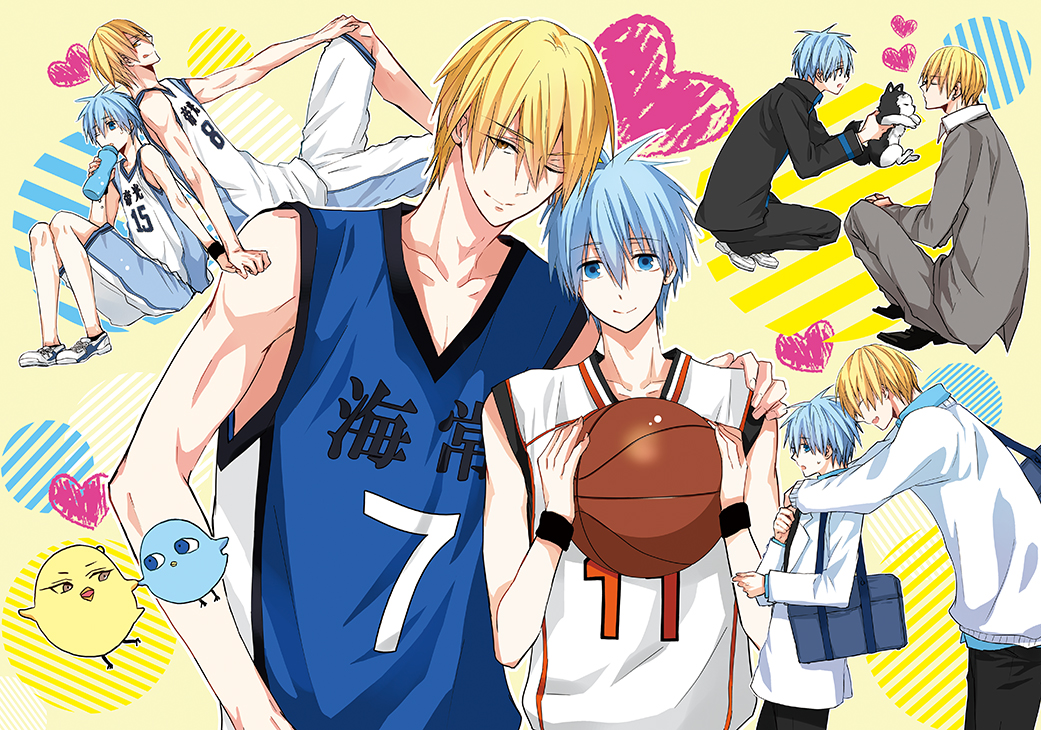 2boys, animal, arm_around_shoulder, back-to-back, ball, basketball_ball, basketball_uniform, basketball_uniform_(kaijou_high)
