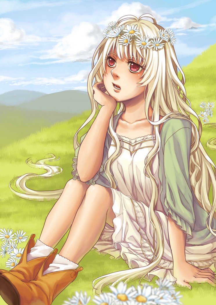 bangs, blue_sky, blurry, boots, chin_rest, clouds, cloudy_sky, daisy