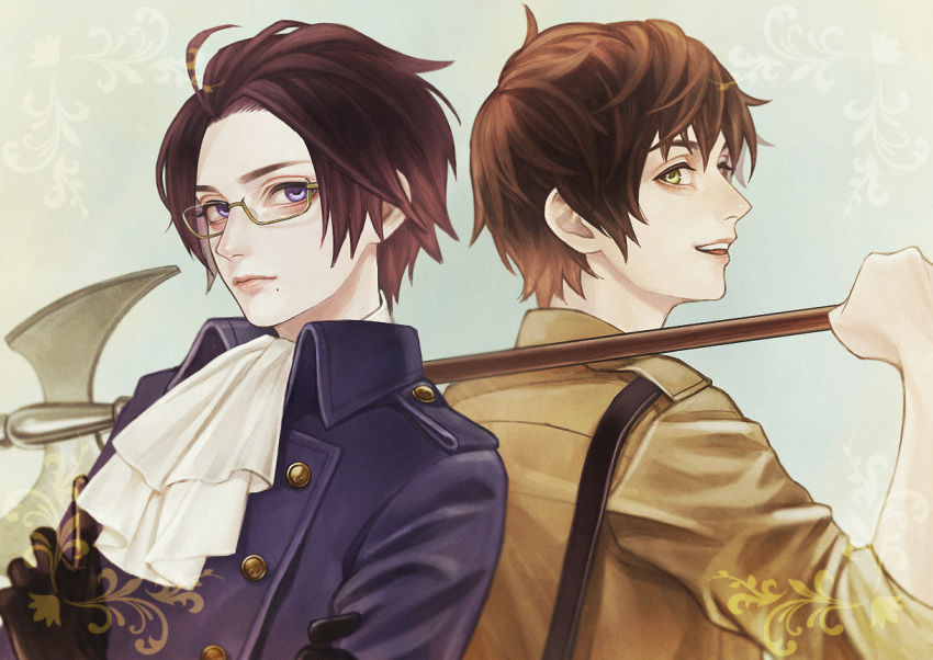 2boys, ahoge, ascot, austria_(hetalia), axe, axis_power_countries_(hetalia), back-to-back, black_gloves, black_handwear, brown_hair, closed_mouth, crossed_arms, duo, germanic_countries_(hetalia), glasses, gloves, green_eyes, hetalia:_axis_powers, hetalia_axis_powers, holding_weapon, looking_at_viewer, male, mediterranean_countries_(hetalia), mole, multiple_boys, open_mouth, pixiv_id_1813992, png_conversion, short_hair, smile, spain_(hetalia), teeth, violet_eyes, weapon