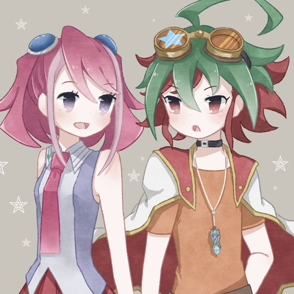 1:1_aspect_ratio, ahoge, blue_eyes, duo, exposed_shoulders, female, green_hair, grey_background, hiragi_yuzu, jewelry, male, medium_hair, multicolored_hair, necklace, necktie, pink_hair, red_eyes, redhead, sakaki_yuuya, shiagi_(pixiv1245394), shirt, simple_background, sleeveless, sleeveless_shirt, twintails, two-tone_hair, yu-gi-oh!, yu-gi-oh!_arc-v