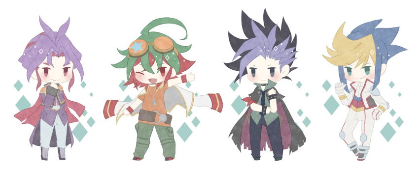 4boys, ahoge, black_hair, blonde, blue_eyes, blue_hair, chibi, closed_mouth
