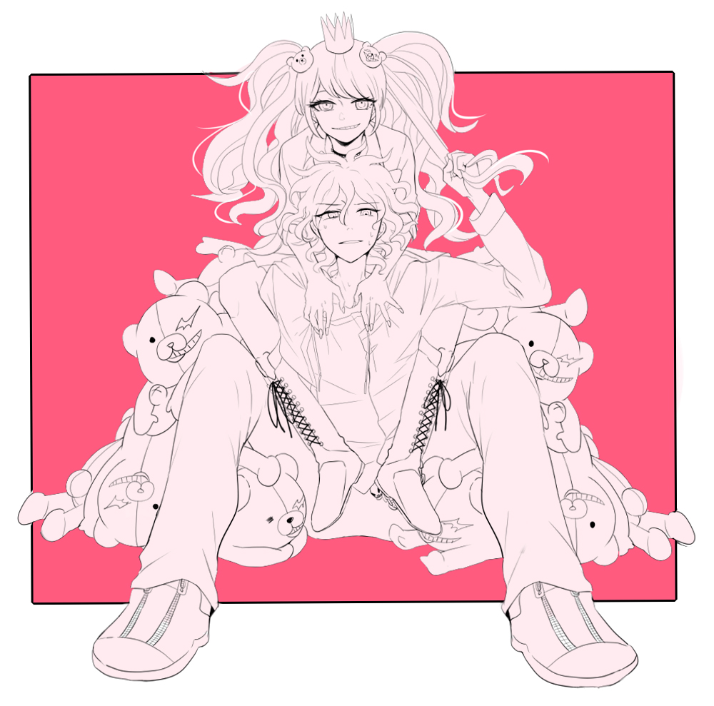 bent_knees, boots, coat, crossover, crown, dangan_ronpa_(series), dangan_ronpa_2:_goodbye_despair, enoshima_junko, female, grin, komaeda_nagito, lineart, long_hair, long_sleeves, looking_at_viewer, male, monochrome, monokuma, open_mouth, pants, pixiv_id_4586454, png_conversion, pulling, pulling_hair, shared_universe_crossover, shoes, sitting, smile, sweatdrop, teeth, twintails, white_hair