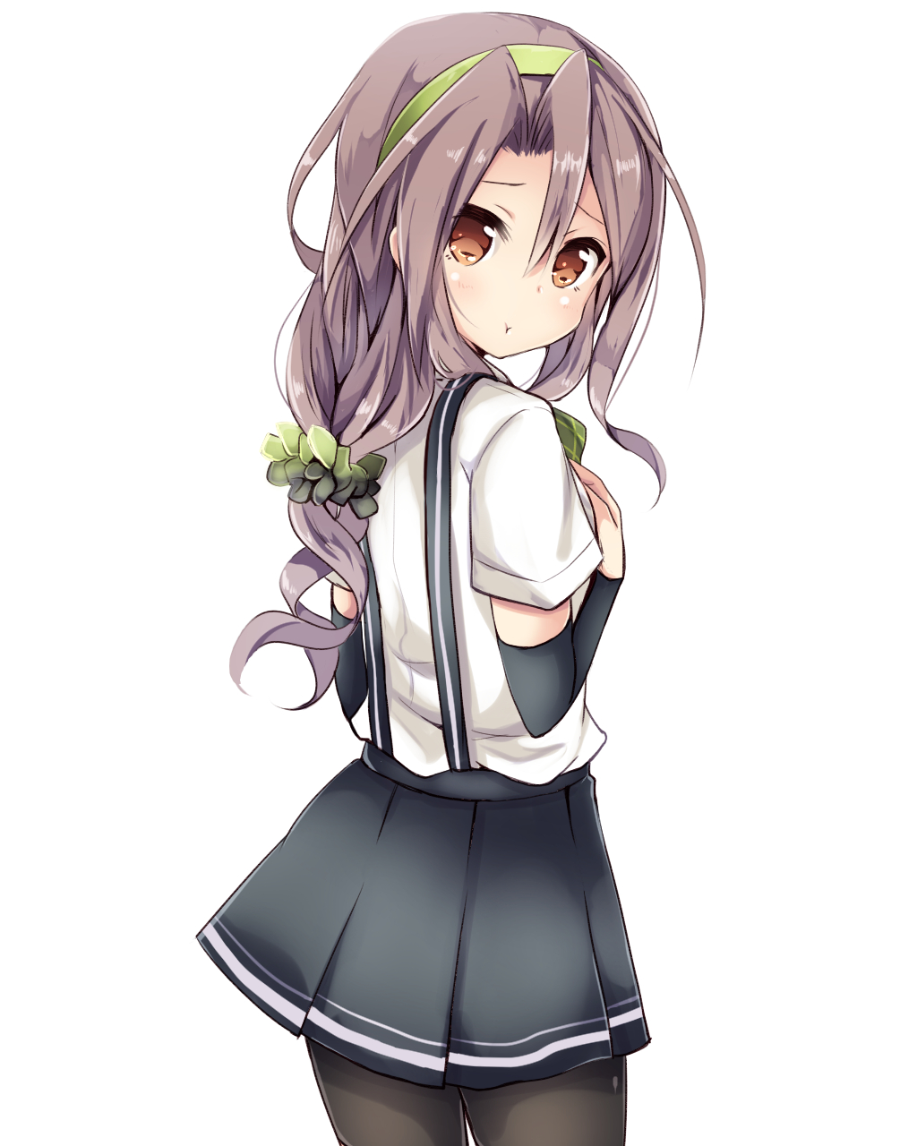 1girl, amano_kouki, arashio_(kantai_collection), arashio_(kantai_collection)_(cosplay), bike_shorts, blush, brown_eyes, brown_hair, cosplay, cowboy_shot, detached_sleeves, hairband, highres, kantai_collection, long_hair, looking_at_viewer, pout, short_sleeves, simple_background, skirt, solo, suspenders, white_background, zuihou_(kantai_collection)