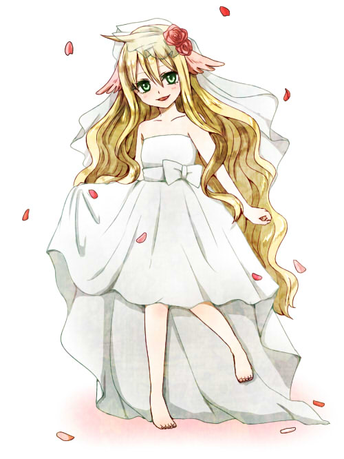 ahoge, barefoot, blonde, blush, dress, fairy_tail, feet, flower, green_eyes, happy, long_hair, mavis_vermillion, rsk_(riy.r), wedding