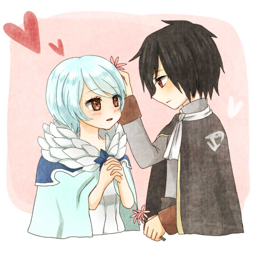 1:1_aspect_ratio, black_hair, blue_hair, blush, brown_eyes, cloak, fairy_tail, flower