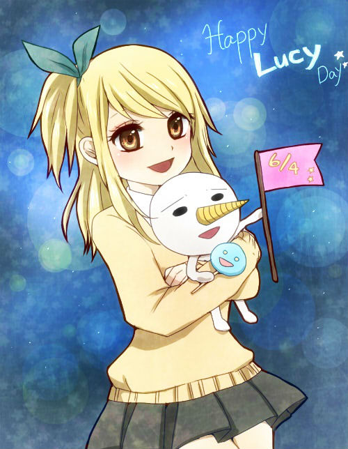 blonde, blush, brown_eyes, fairy_tail, happy, long_hair, lucy_heartfilia, plue, ribbon, rsk_(riy.r), school_uniform, side_ponytail, sweets