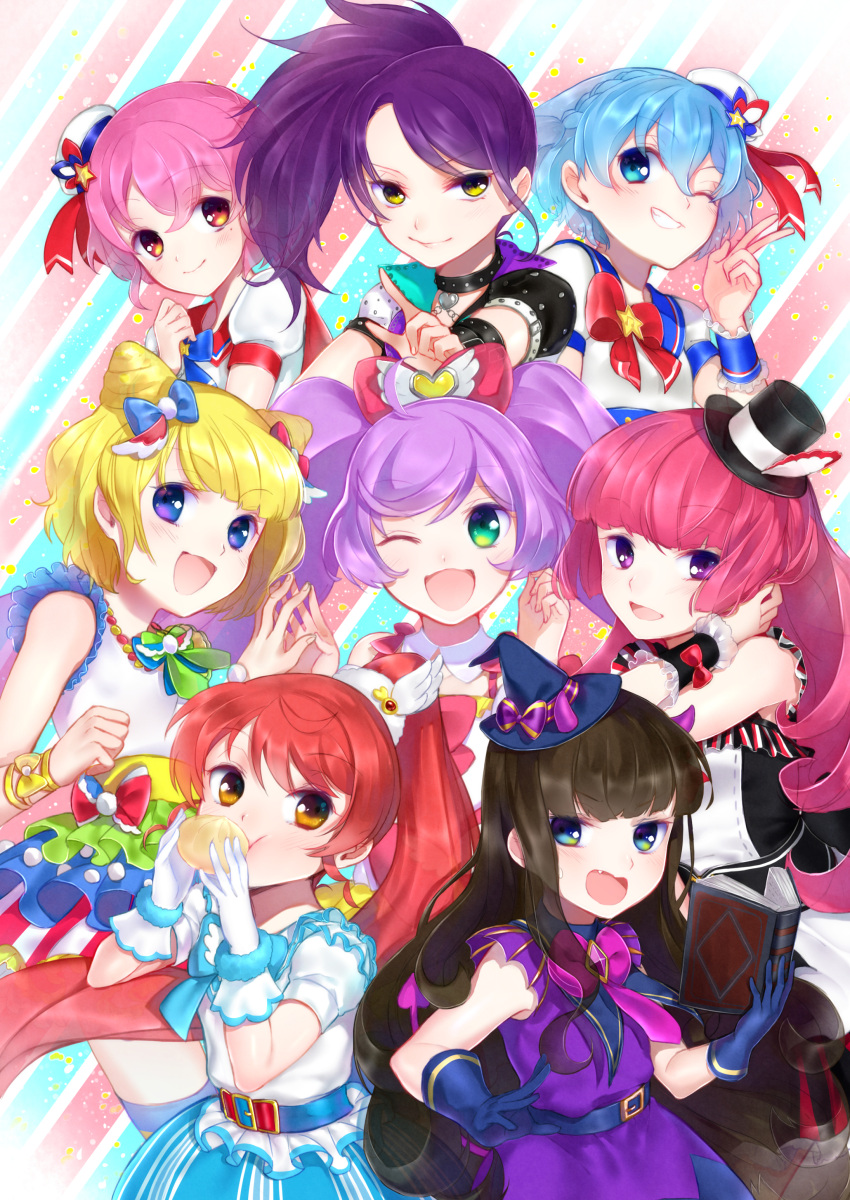 ahoge, amatou_kakao, black_hair, blonde, blue_eyes, blue_hair, blush, book, braid, choker, dorothy_west, dress, eating, fang, food, green_eyes, group, hair_bun, hat, heart, high_resolution, horns, houjou_sophie, jewelry, kurosu_aroma, large_filesize, leona_west, manaka_lala, minami_mirei, mole, one_eye_closed, pink_hair, ponytail, pri_para, purple_hair, red_eyes, redhead, ribbon, shiratama_mikan, short_hair, siblings, side_ponytail, smile, stars, toudou_shion, trap, twins, twintails, very_high_resolution, violet_eyes, wink, witch, yellow_eyes