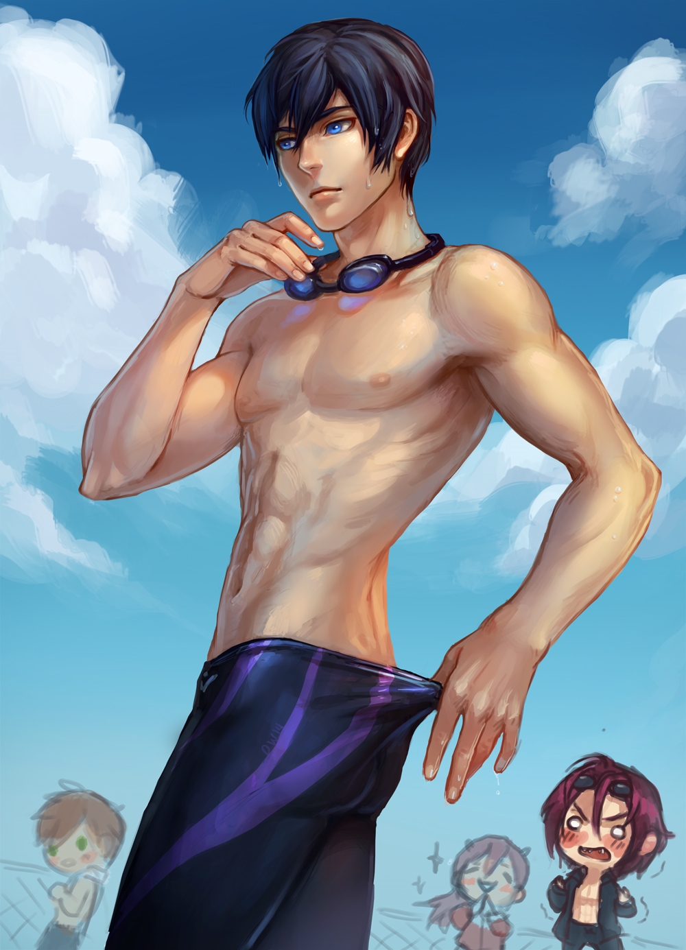 ass, black_hair, blue_eyes, clouds, diapotato, female, free!, goggles