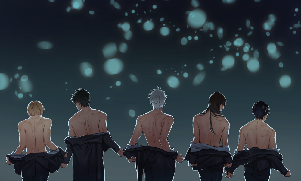 5:3_aspect_ratio, 5boys, back, bandages, black_hair, brown_hair, cornpu, gintama, hijikata_toushirou, katsura_kotarou, lineup, long_hair, male, multiple_boys, okita_sougo, open_clothes, png_conversion, quintet, sakata_gintoki, shirtless_(male), short_hair, takasugi_shinsuke, twitter, undressing, white_hair
