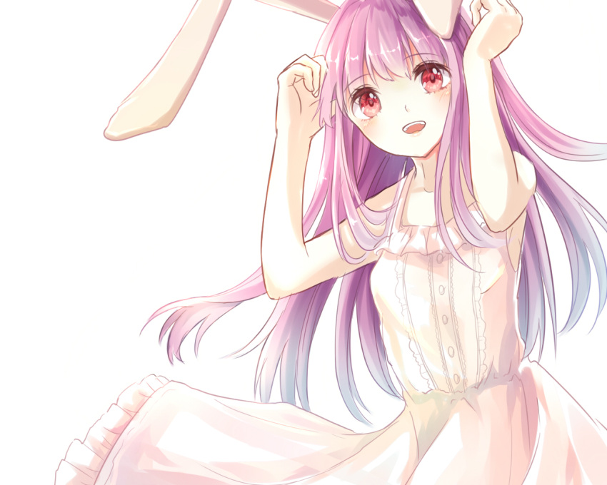 1280x1024_wallpaper, 5:4_aspect_ratio, alternative_costume, animal_ears, buttons, dress, exposed_shoulders, female, frills, light_background, long_hair, open_mouth, pixiv_id_2634034, purple_hair, rabbit_ears, red_eyes, reisen_udongein_inaba, simple_background, sleeveless, sleeveless_dress, smile, solo, touhou, wallpaper, wallpaper_5:4_ratio, white_background, white_dress, white_outfit