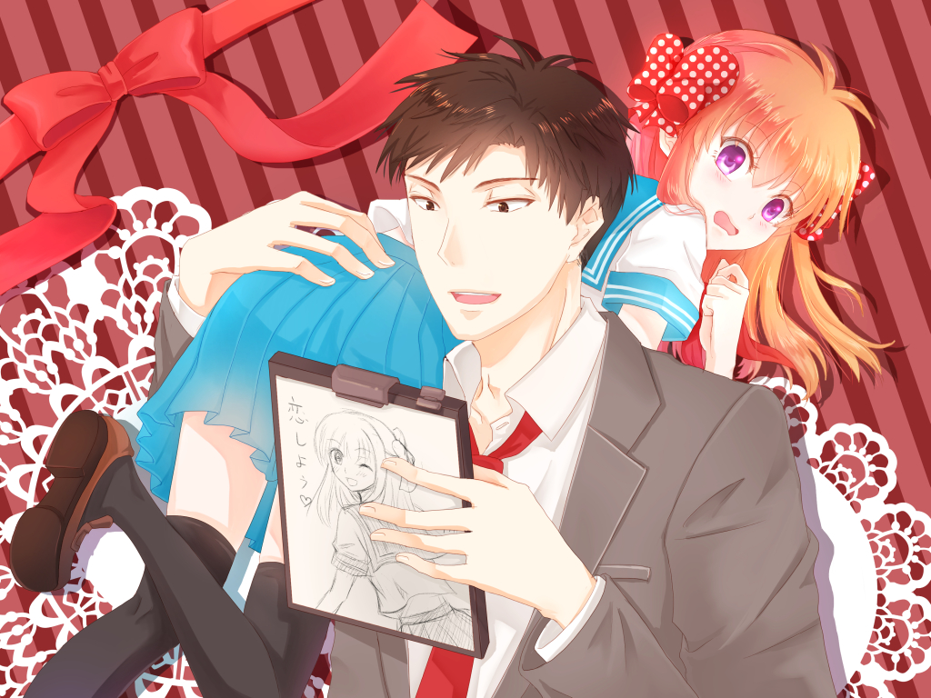 1024x768_wallpaper, 4:3_aspect_ratio, black_hair, black_legwear, blush, bow, carry_on_shoulder, carrying, drawing_(object), duo, embarrassed, female, gekkan_shoujo_nozaki-kun, hair_bow, long_hair, male, nozaki_umetarou, open_mouth, orange_hair, pixiv_id_690849, red_ribbon, ribbon, sakura_chiyo, school_uniform, striped, striped_background, thigh-highs, uniform, violet_eyes, wallpaper, wallpaper_4:3_ratio