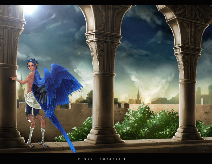 ahoge, animal_ears, back, bandages, bird_person, black_border, blue_hair, brown_eyes, building, bushes, closed_mouth, clouds, copyright_name, expressionless, facial_mark, feathered_wings, frame, full_body, high_resolution, looking_back, male, pixiv_fantasia, pixiv_fantasia_t, pixiv_id_269566, pointed_ears, ruins, shirtless_(male), short_hair, shorts, sky, solo, standing, text, unusual_colored_wings, wings