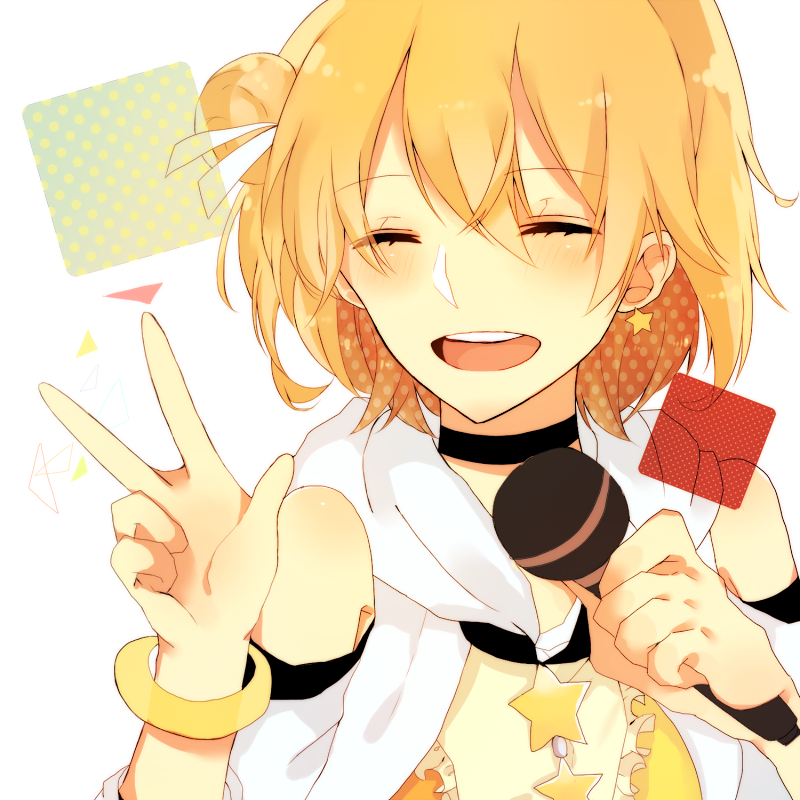1:1_aspect_ratio, ^_^, choker, closed_eyes, hair_bun, happy, hinata_(hinata_bokko), kagerou_project, kisaragi_momo, microphone, orange_hair, ribbon, short_hair, stars