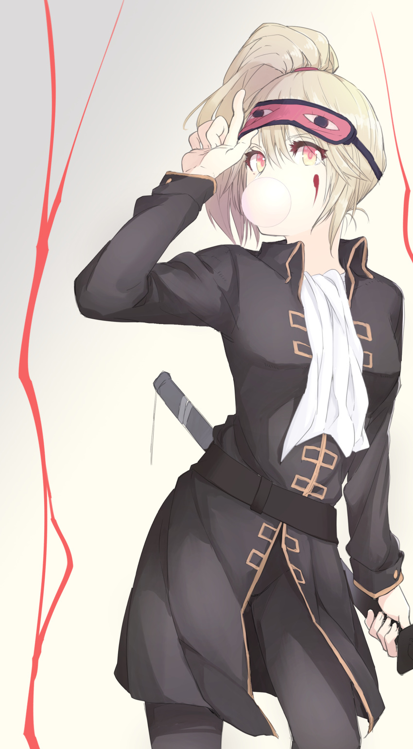 1girl, asymmetrical_hairstyle, blood, blood_on_face, brown_hair, candy, dekoboko_arc, female, food, genderswap, gintama, gum, high_resolution, katana, long_hair, mask, okita_sorachi, okita_sougo, pixiv_id_552347, png_conversion, ponytail, shinsengumi_uniform_(gintama), side_ponytail, sleep_mask, solo, source_request, sword, uniform, very_high_resolution, weapon