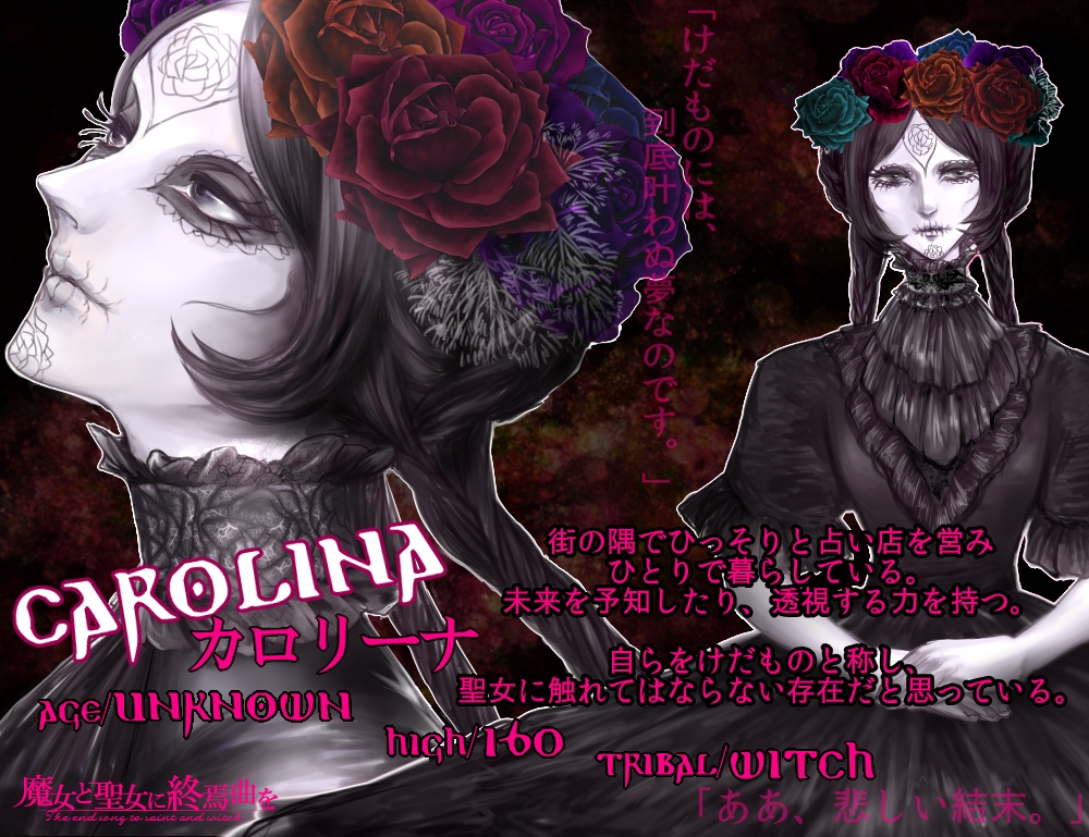 bangs, black_dress, black_hair, black_outfit, blue_flower, braid, character_name, character_sheet
