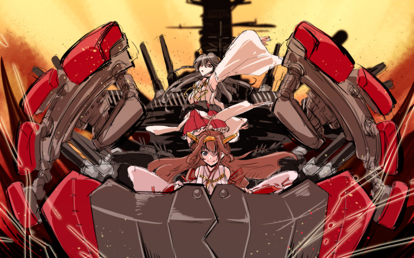 2girls, arm_up, armor_girls_project, bare_shoulders, black_hair, boots, brown_eyes, brown_hair