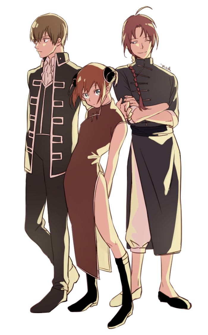 ahoge, braid, brown_hair, bun_cover, chinese_clothes, double_bun, female, full_body
