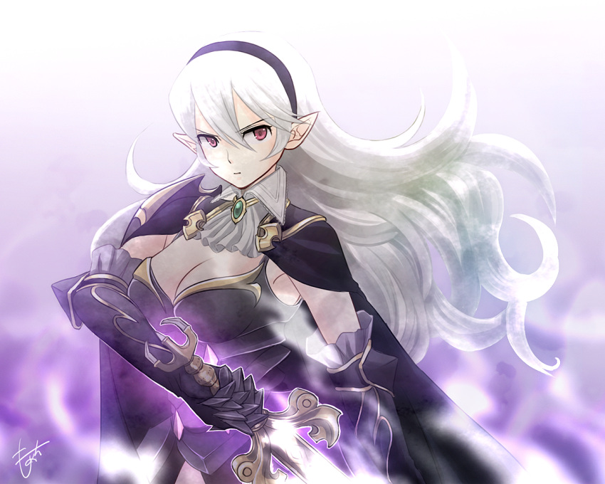 1girl, 5:4_aspect_ratio, breasts, cleavage, fire_emblem, fire_emblem_if, kamui_(fire_emblem), long_hair, nintendo, pointed_ears