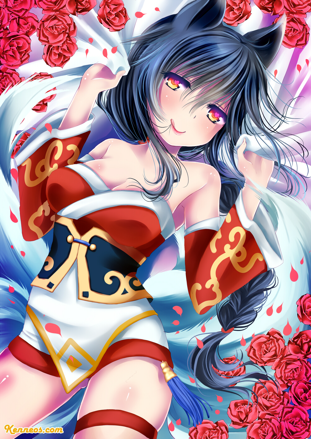 ahri, animal_ears, black_hair, blush, braid, breasts, cleavage, detached_sleeves