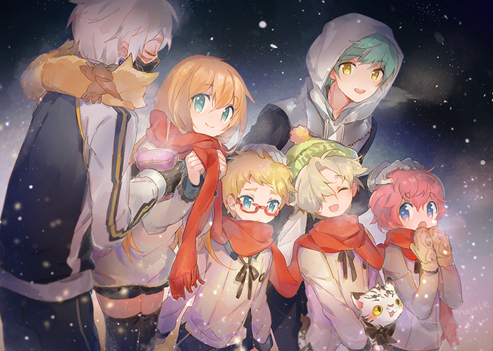 akita_toushirou, alternative_costume, amber_eyes, animal, animal_on_shoulder, anthropomorphization, aqua_hair, asymmetrical_bangs