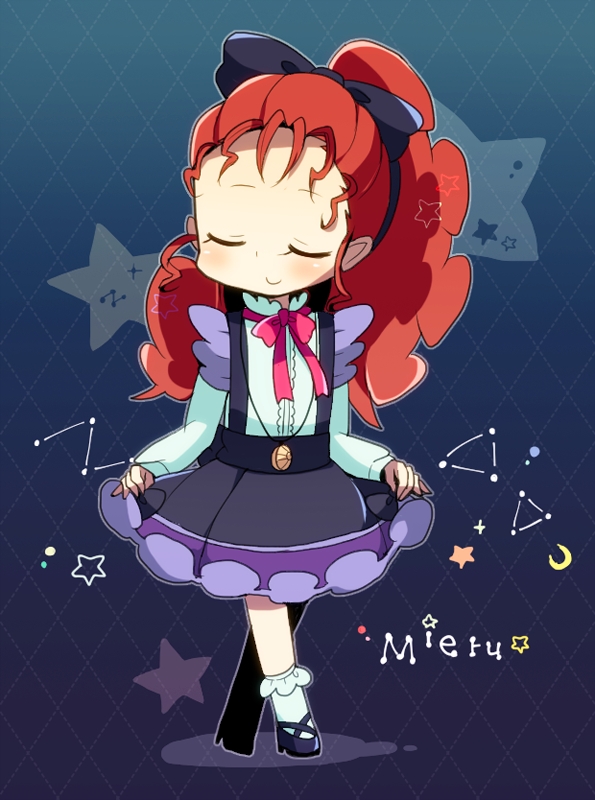 bow, closed_eyes, closed_mouth, dress, female, full_body, hair_bow, houchun_mieru, jewelry, long_hair, necklace, orange_hair, pixiv_id_955592, smile, solo, standing, star_(symbol), wavy_hair, yu-gi-oh!, yu-gi-oh!_arc-v