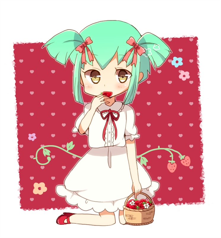 aqua_hair, dress, female, food, fruit, luca_(yu-gi-oh!), luna_(yu-gi-oh_5ds), pixiv_id_955592