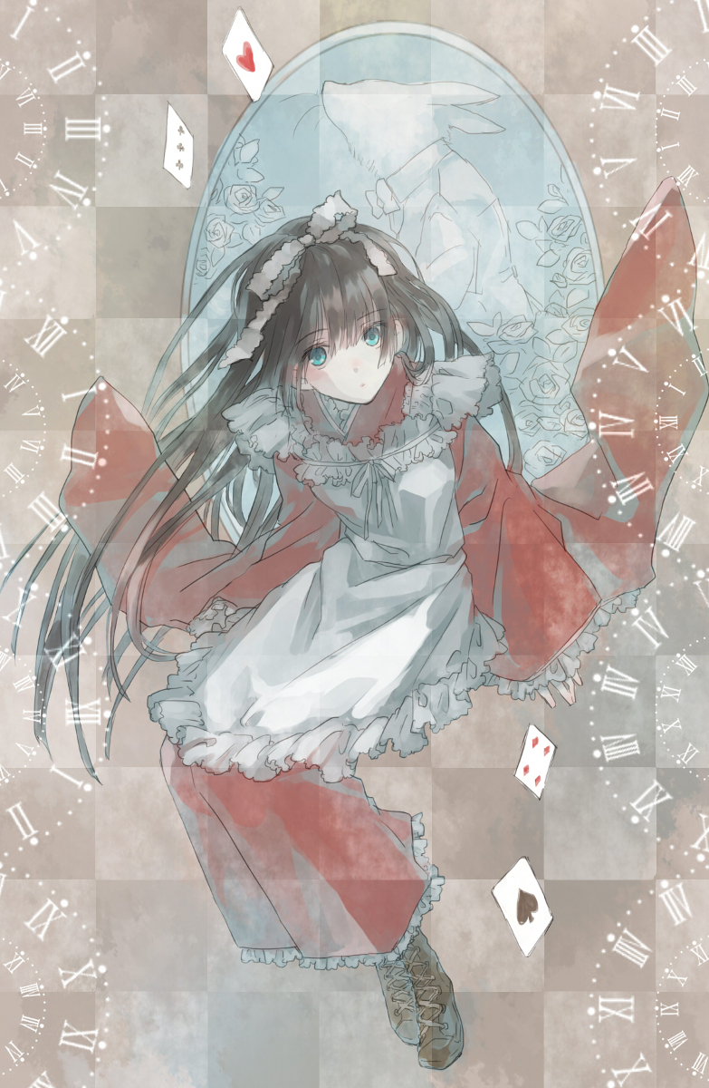 alice, alice_in_wonderland, apron, black_hair, blue_eyes, boots, card, flower