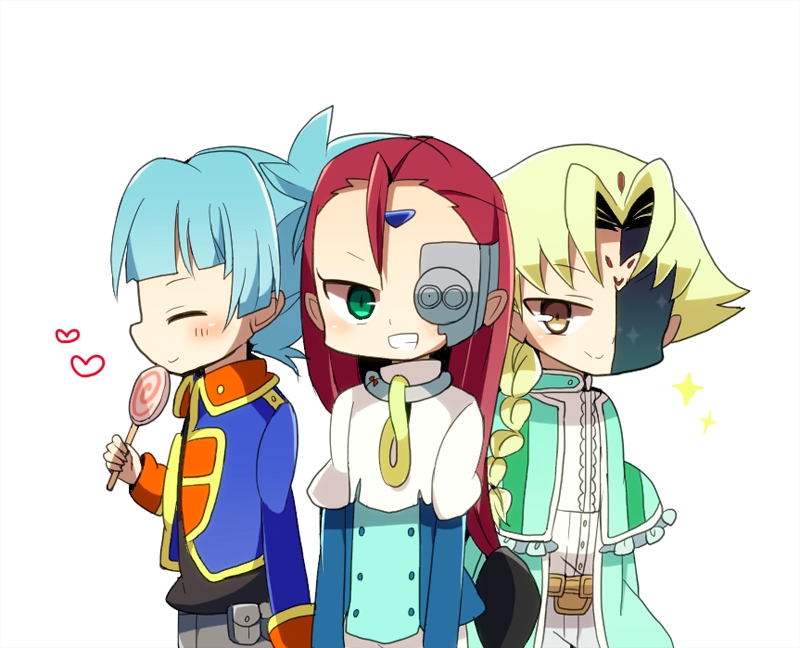 3boys, belt, blonde, braid, brown_hair, byron_arclight, closed_eyes, closed_mouth, coat, crossover, green_eyes, heart, light_background, long_hair, lucciano, male, multiple_boys, open_clothes, open_coat, open_mouth, pixiv_id_955592, ponytail, shared_universe_crossover, shirt, shiunin_sora, simple_background, single_braid, smile, teeth, trio, white_background, yu-gi-oh!, yu-gi-oh!_5d's, yu-gi-oh!_arc-v, yu-gi-oh!_zexal