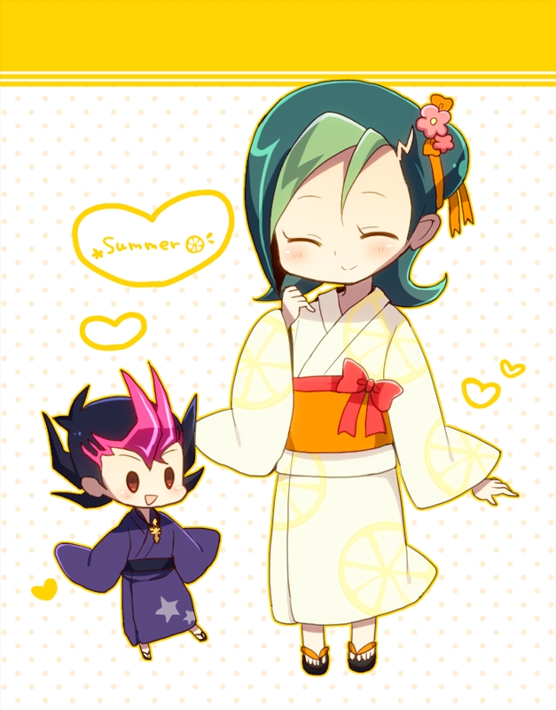 blush, closed_eyes, closed_mouth, duo, emperor's_key, female, green_hair, heart, key, kimono, long_hair, male, mizuki_kotori, multicolored_hair, pixiv_id_955592, smile, spiky_hair, standing, traditional_clothes, tsukumo_yuma, two-tone_hair, wafuku, yu-gi-oh!, yu-gi-oh!_zexal