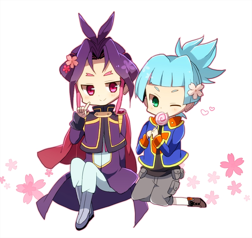 2boys, bent_knees, blue_hair, candy, cape, cherry_blossom, coat, duo