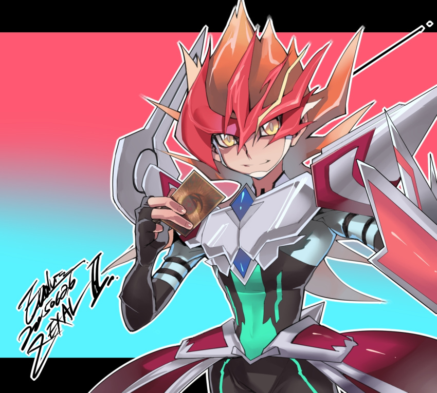amber_eyes, blonde, card, card_(object), closed_mouth, heterochromia, holding, holding_card, holding_object, long_hair, male, multicolored_hair, orange_hair, pixiv_id_5555486, redhead, smile, spiky_hair, tsukumo_yuma, yu-gi-oh!, yu-gi-oh!_zexal, zexal_power_fusion