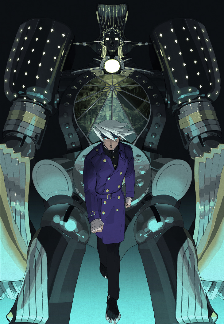 clockwork, coat, frostheim, furumi_shouichi, glowing, glowing_eyes, headband, male