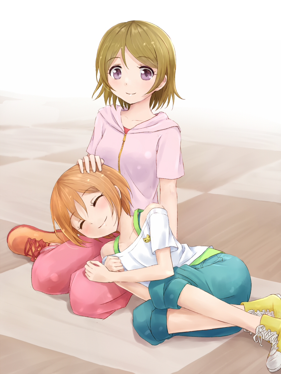 2girls, 3:4_ratio, 900x1200_wallpaper, brown_hair, checkered, checkered_floor, closed_eyes, duo, female, hand_on_head, high_resolution, hizamakura, hood_down, hoshizora_rin, koizumi_hanayo, love_live!_school_idol_project, multiple_girls, orange_hair, pants, pixiv_id_14917954, short_hair, smile, violet_eyes, wallpaper