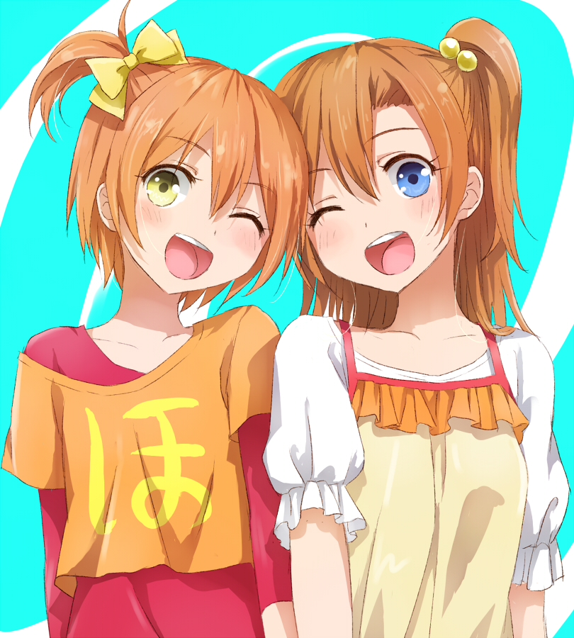 2girls, alternative_costume, blue_eyes, cosplay, duo, female, hoshizora_rin, hoshizora_rin_(cosplay)