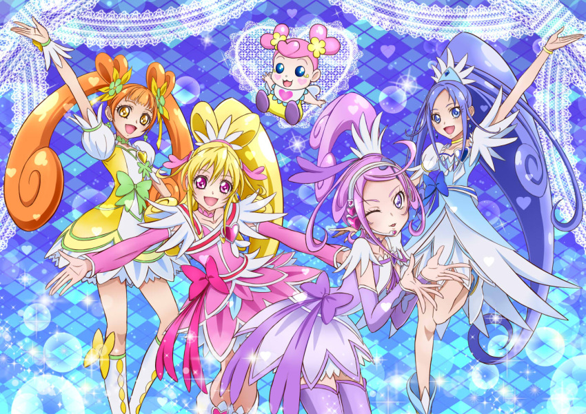 ahoge, ai-chan_(dokidoki!_precure), aida_mana, amber_eyes, blonde, blue_dress, blue_eyes, blue_hair