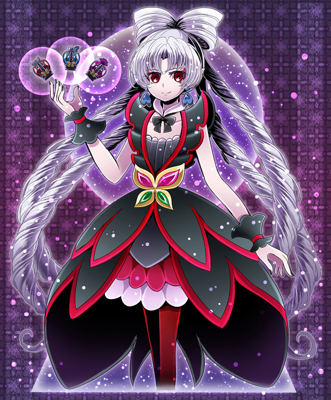 (precure), black_dress, black_nails, black_outfit, butterfly, cokata, curly_hair, dress, female, go!_princess_precure, grey_hair, heart, jewelry, key, long_hair, nail_polish, pantyhose, pointed_ears, precure, red_eyes, ribbon, sango_kata, smile, solo, sparkle, standing, towa_(pretty_cure), twilight_, twilight_(pretty_cure), white_hair
