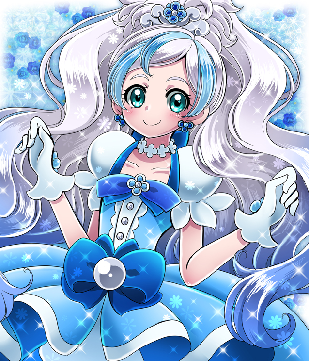 _princess_precure, alternative_color, aqua_eyes, blue_bow, blue_dress, blue_eyes, blue_outfit, blush