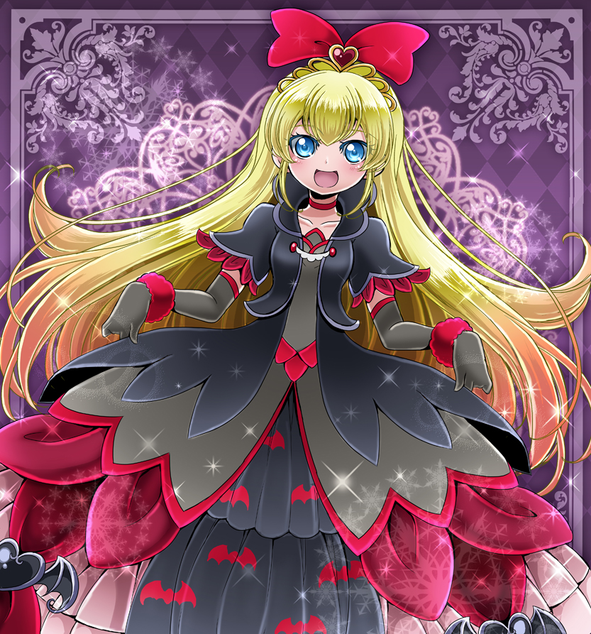 animal_print, bat_print, black_gloves, black_handwear, blonde, blush, bow, choker, cokata, crown, curtsey, dokidoki!_precure, dress, elbow_gloves, female, gloves, gown, hair_bow, holding_clothes, holding_object, long_hair, open_mouth, precure, princess, red_bow, regina_(dokidoki!_precure), skirt, skirt_lift, smile, solo, sparkle