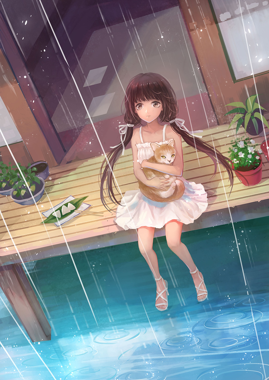 brown_eyes, brown_hair, cat, dress, food, high_heels, high_resolution, hug