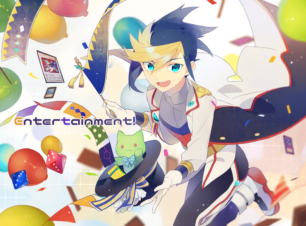 1boy, balloon, blonde, blue_eyes, blue_hair, card_(object), clear_wing_synchro_dragon, coat