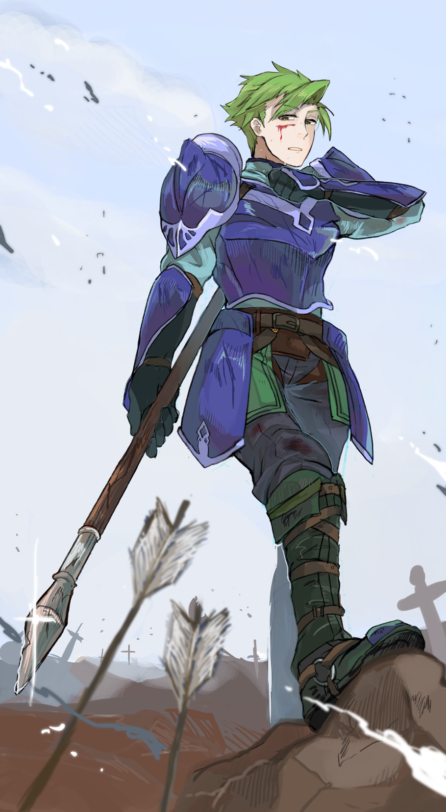 1boy, aran, armor, arrow, blood, boots, fire_emblem, fire_emblem:_akatsuki_no_megami